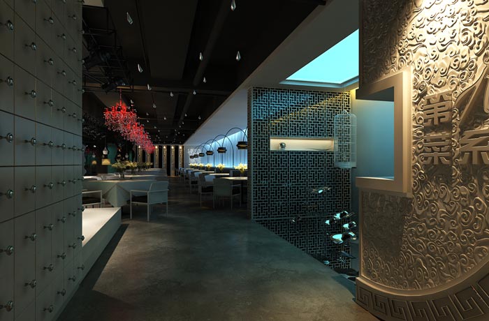 現代中式風格中餐廳前臺走廊裝修設計案例效果圖