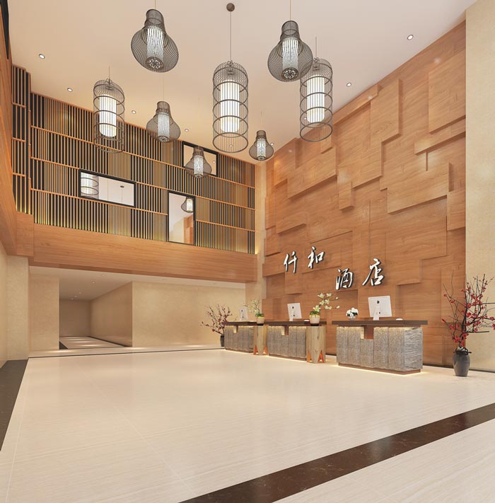 新中式主題酒店前臺裝修設計案例效果圖