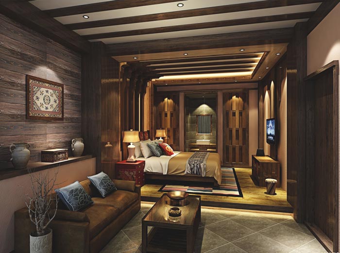 新中式商務酒店標間裝修設計案例效果圖