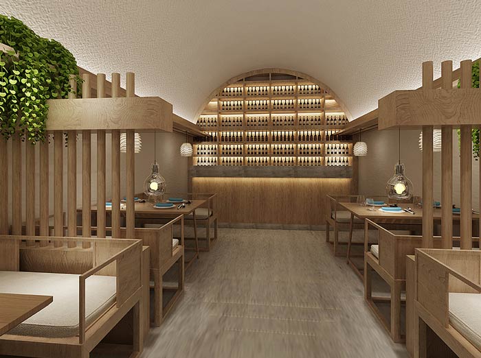 窯洞主題餐廳酒架裝修設計效果圖