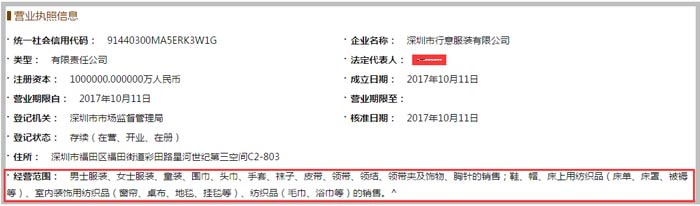 服裝有限公司經營范圍截圖