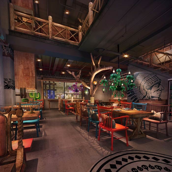 原始燒烤店一樓餐區裝修設計效果圖
