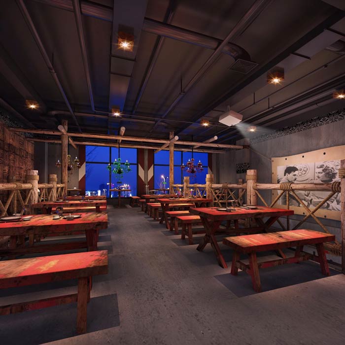 原始燒烤店二樓餐區裝修設計效果圖