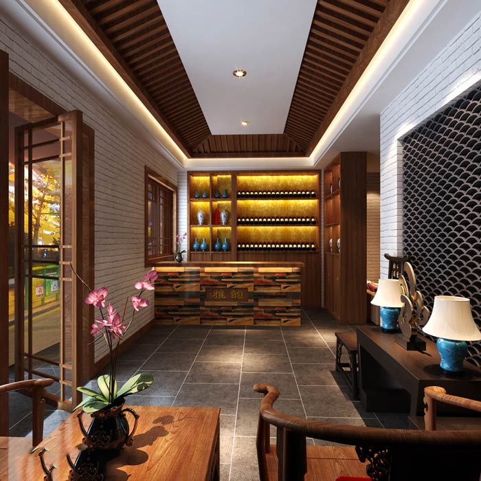 中式茶餐廳進(jìn)門區(qū)裝修設(shè)計效果圖