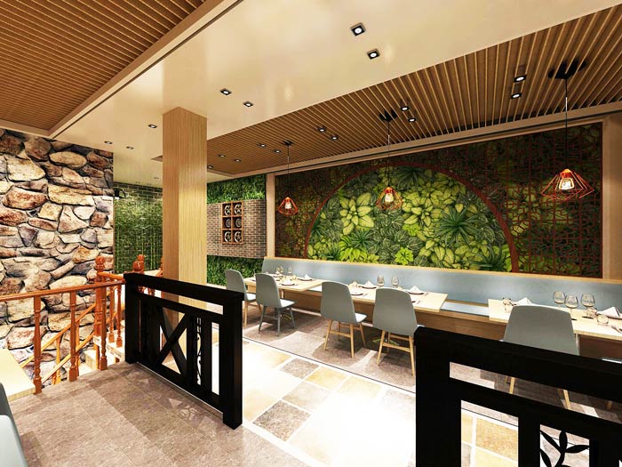 連鎖中式快餐店拐角餐區裝修設計效果圖