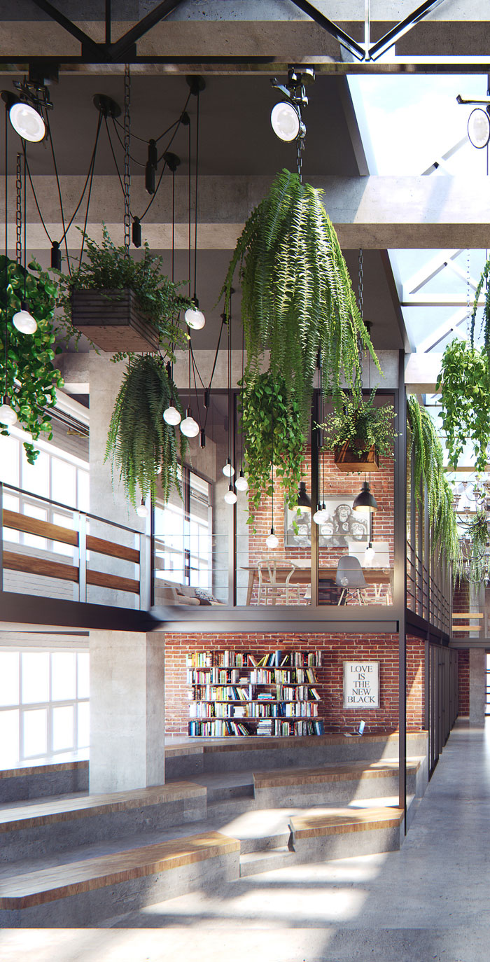 loft風(fēng)格眾創(chuàng)空間辦公室閱讀區(qū)裝修設(shè)計效果圖