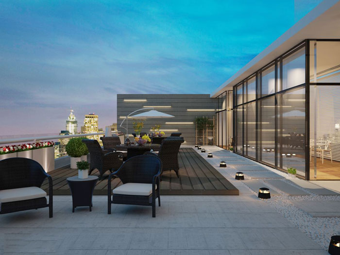 現代中式辦公會所陽臺設計效果圖